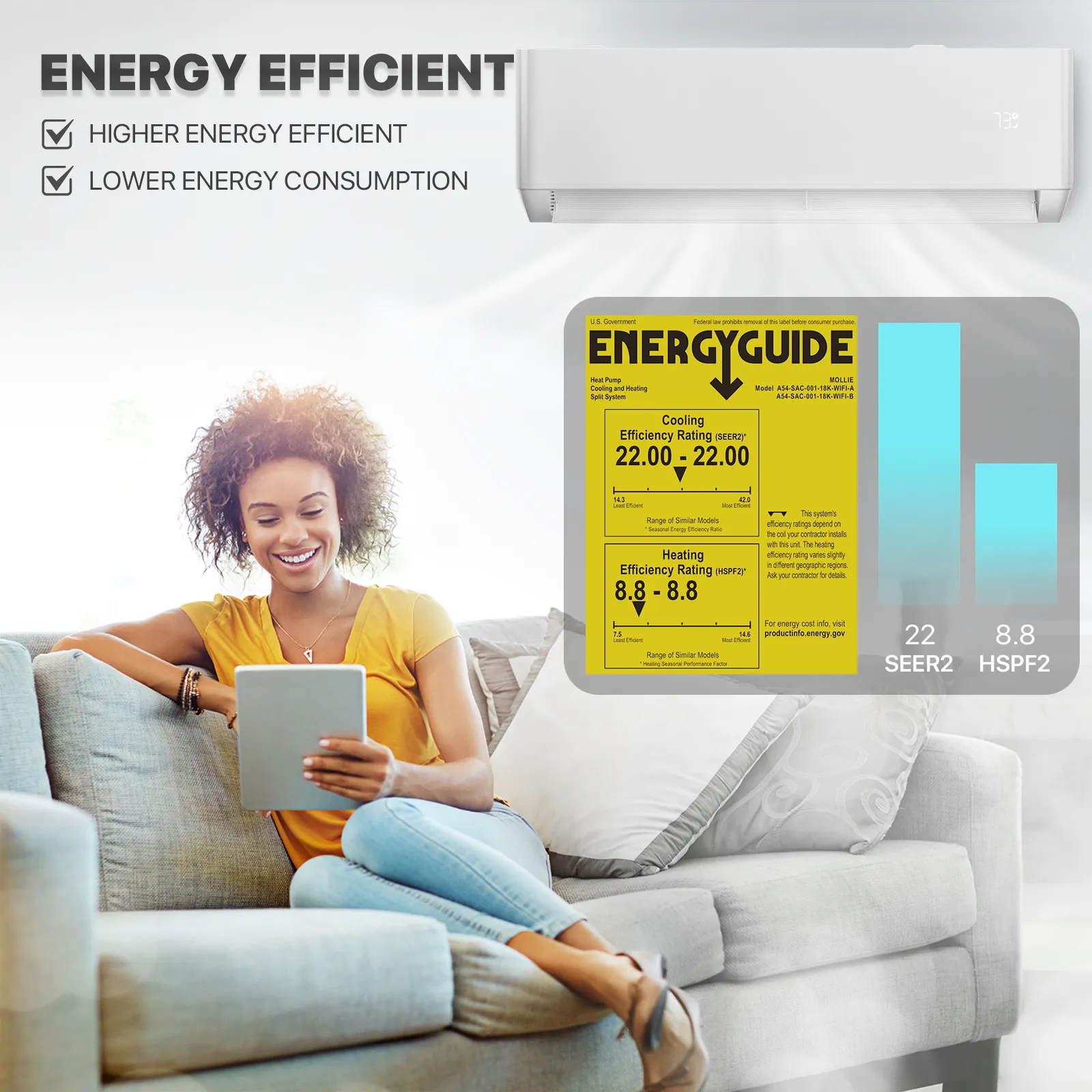 18000 BTU Split Air Conditioner - Cooling & Heating Function- WIFI APP Control - 4-in-1 filter