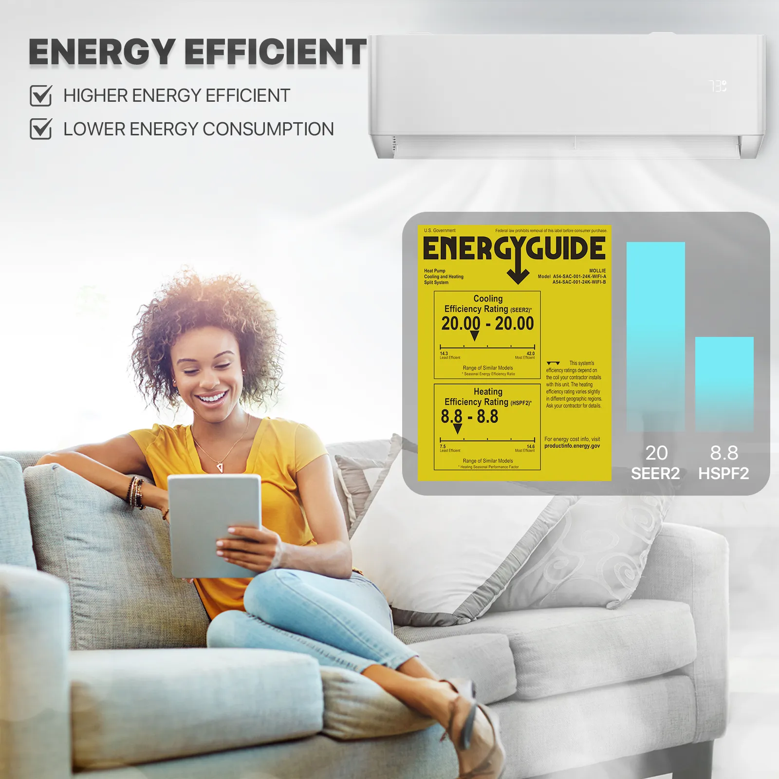 24000 BTU Split Air Conditioner - Cooling & Heating Function- WIFI APP Control - 4-in-1 filter
