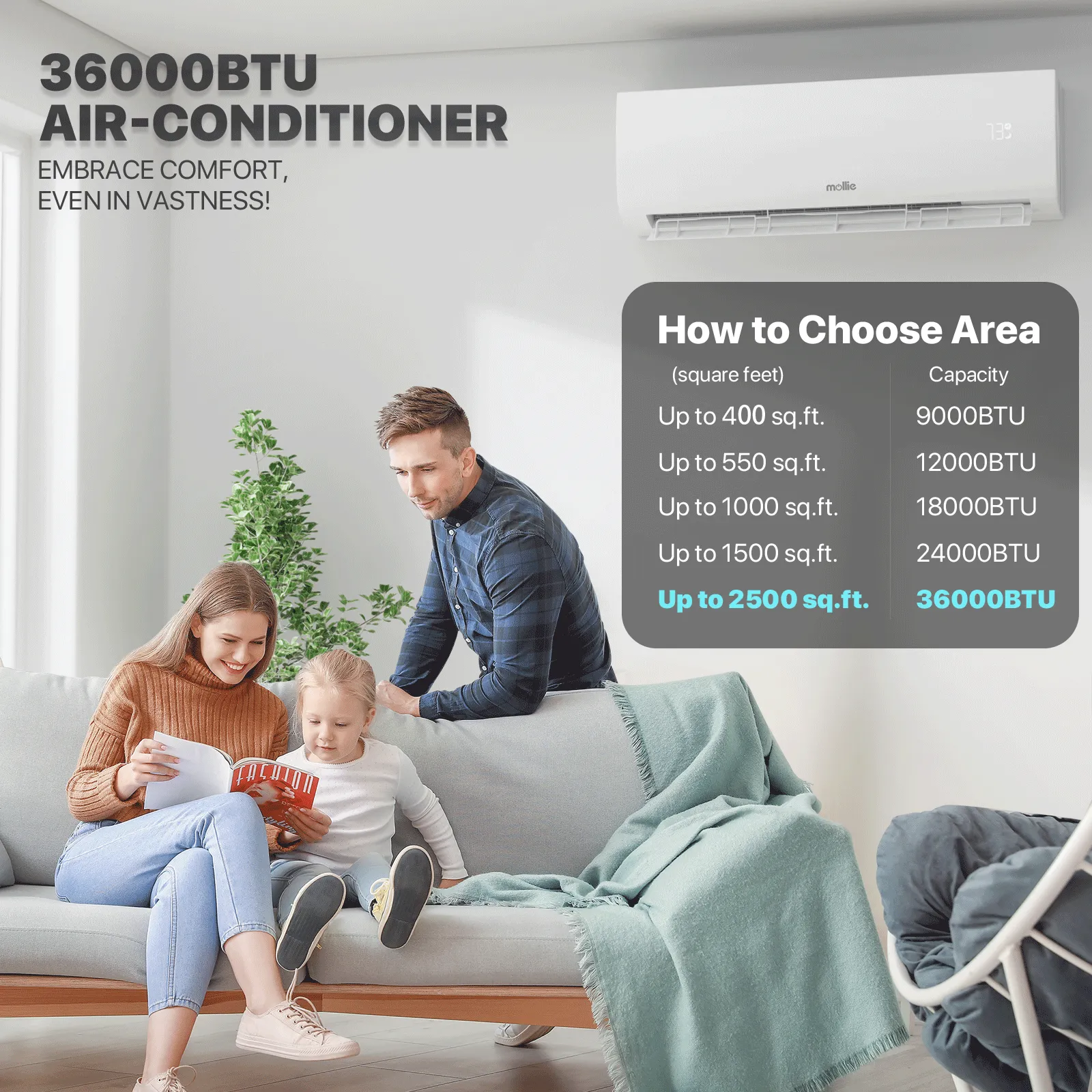 36000 BTU Split Air Conditioner - Cooling & Heating Function- WIFI APP Control - 4-in-1 filter