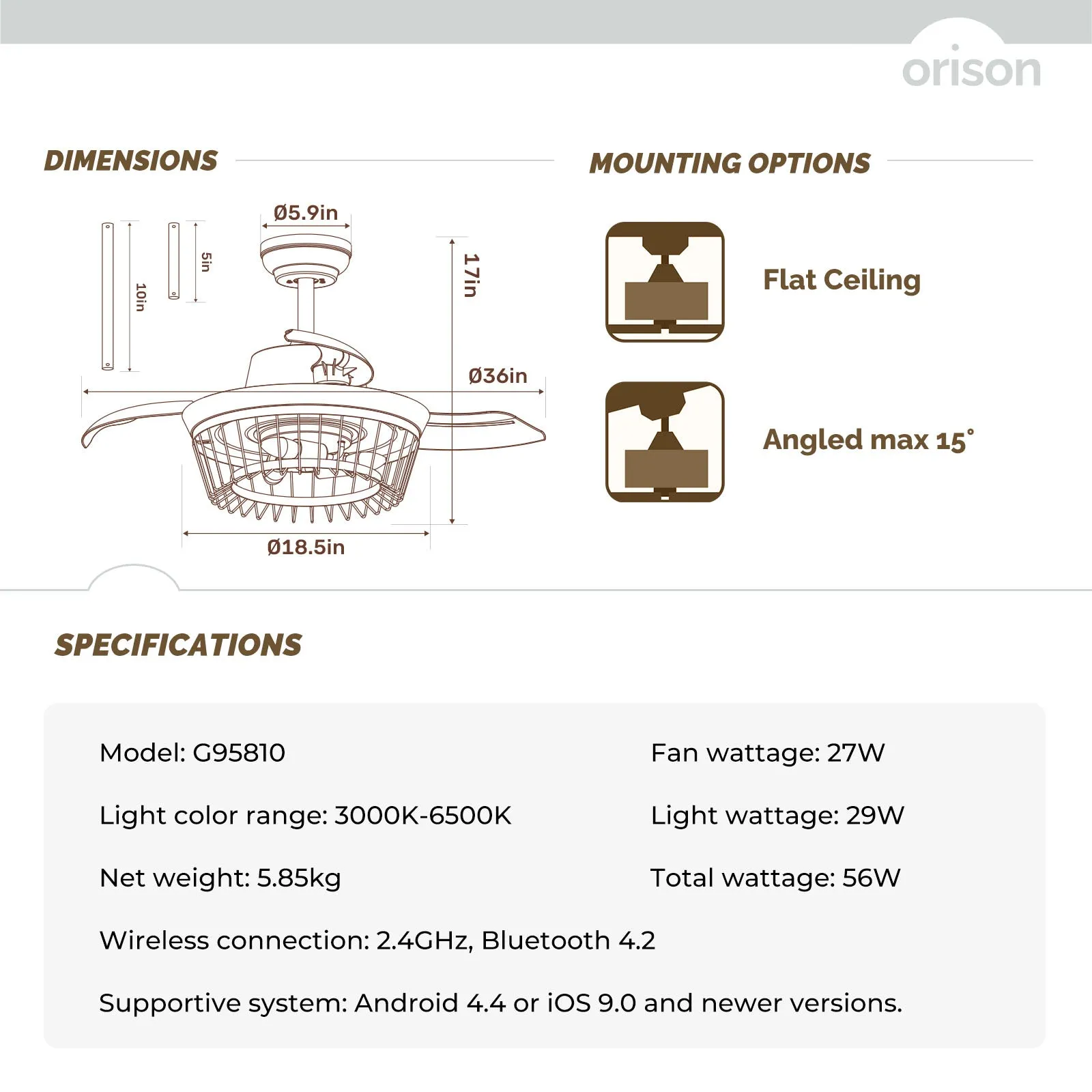 36" Orison Retractable Ceiling Fan with Backlit Ambient Light and Remote/APP Control (Bulbs not included))