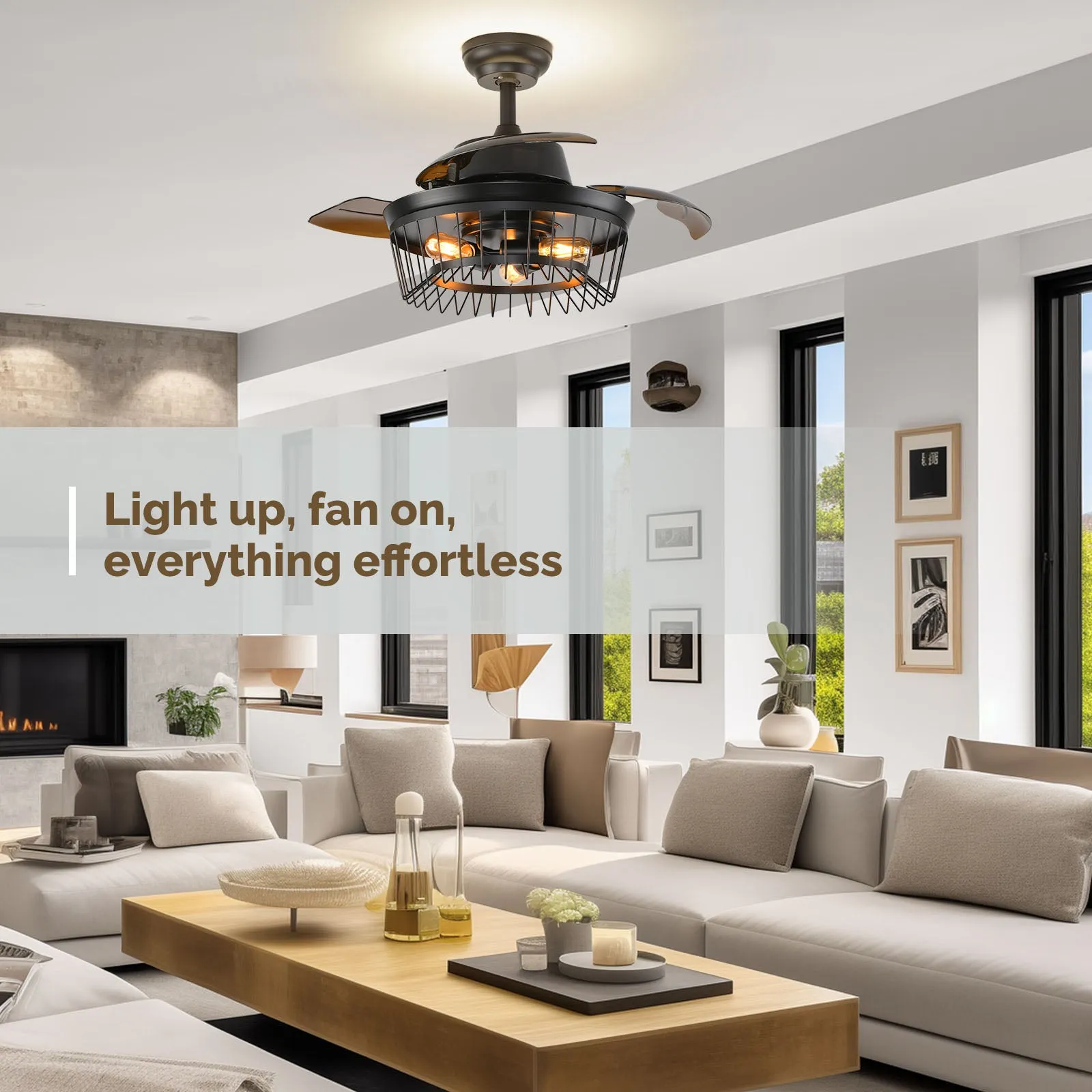 36" Orison Retractable Ceiling Fan with Backlit Ambient Light and Remote/APP Control (Bulbs not included))