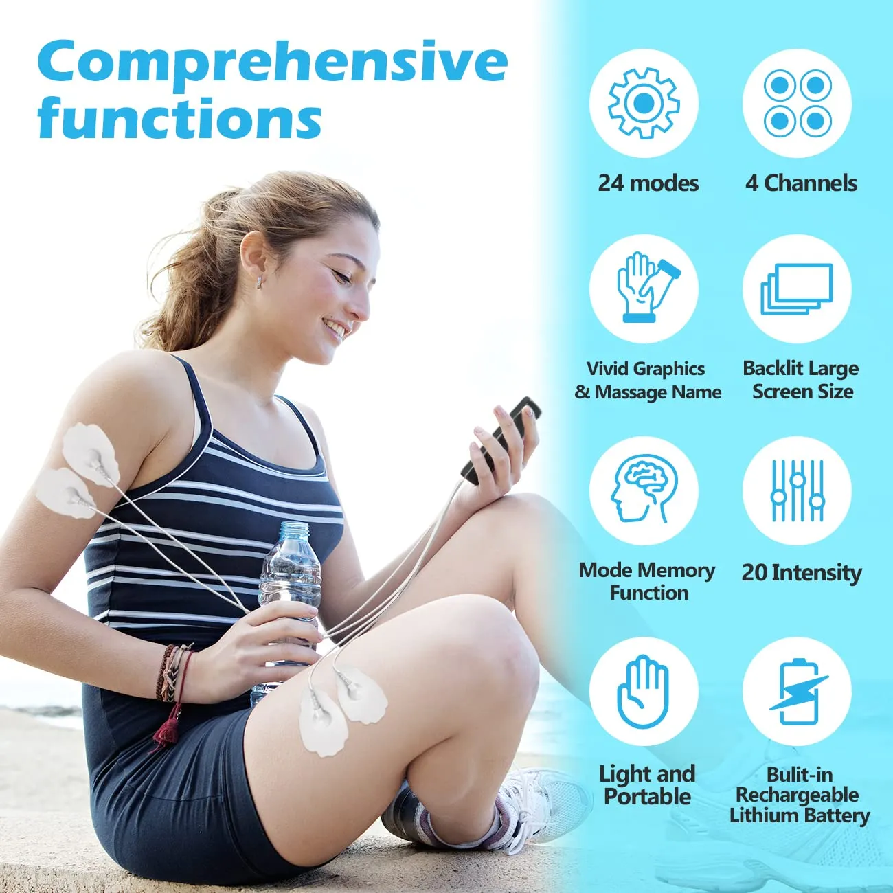 4 Outputs TENS Unit Muscle Stimulator Machine: Easy@Home 24 Modes Rechargeable EMS Electric Pulse Massager | Electric TENS Machine - Pain Relief Therapy for Back Pain | Neck Pain | Muscle Pain-AS8011