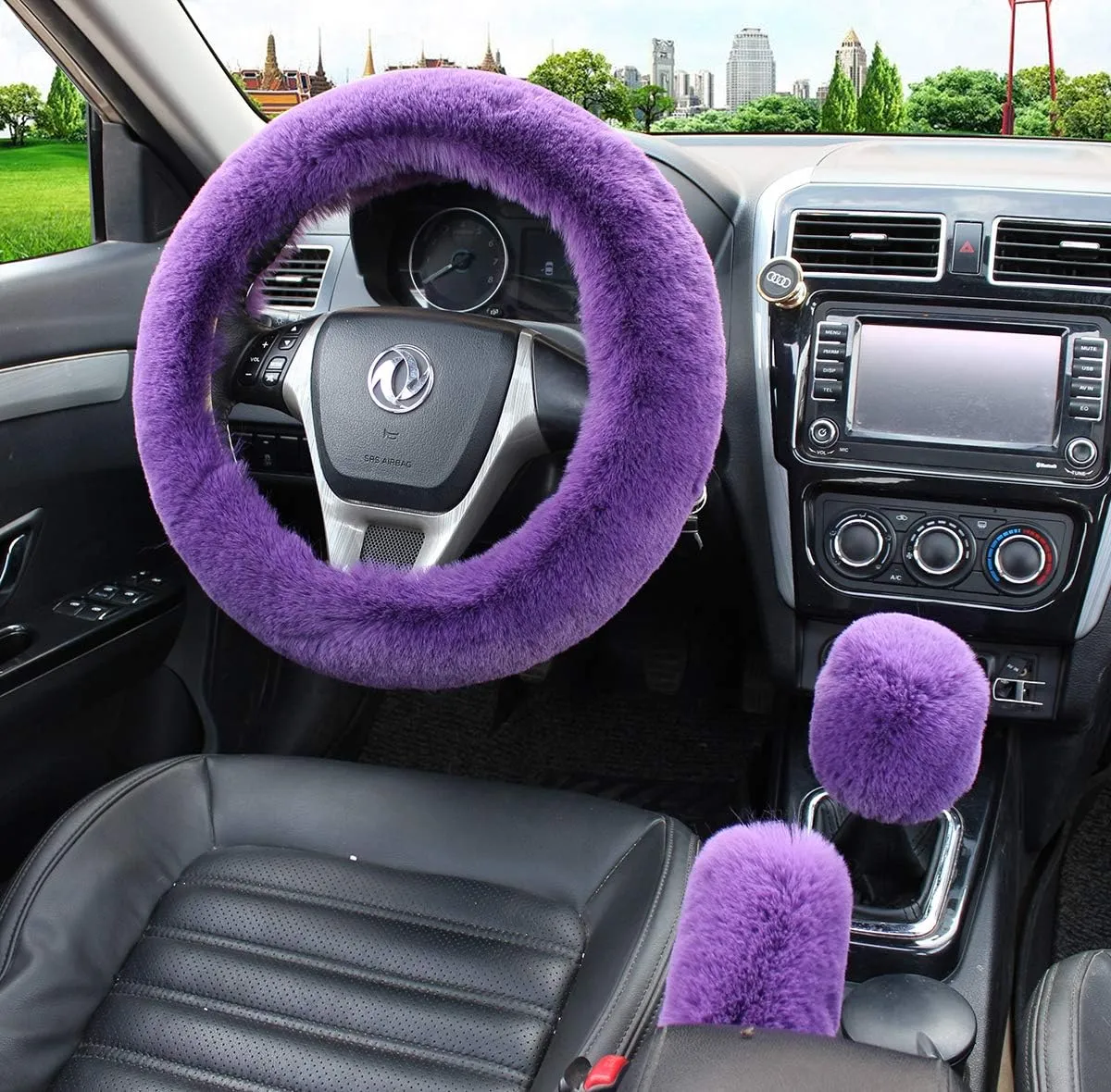 5pcs Set Steering Wheel Cover Handbrake Cover & Gear Shift Cover Seat Belt Universal Fit 15"