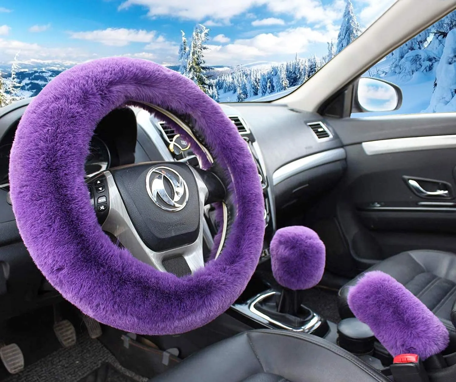 5pcs Set Steering Wheel Cover Handbrake Cover & Gear Shift Cover Seat Belt Universal Fit 15"