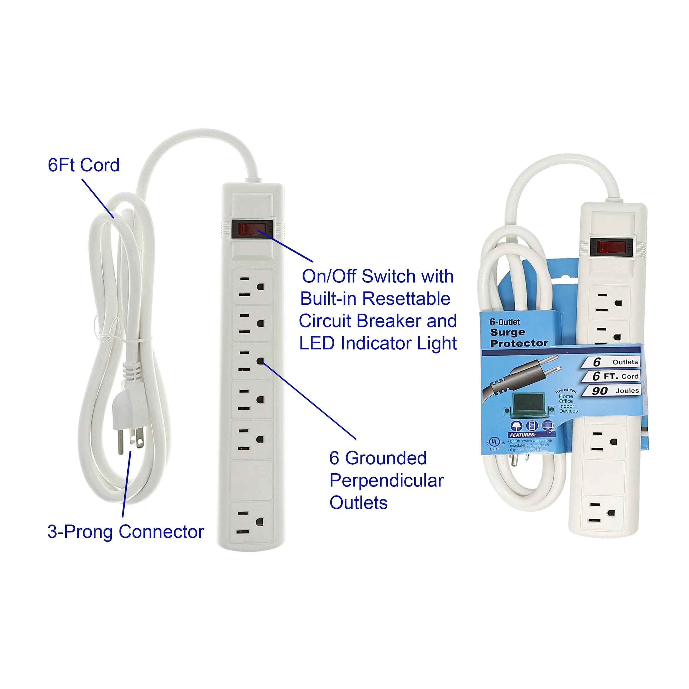 6-Outlet Perpendicular Surge Protector with On/Off Switch