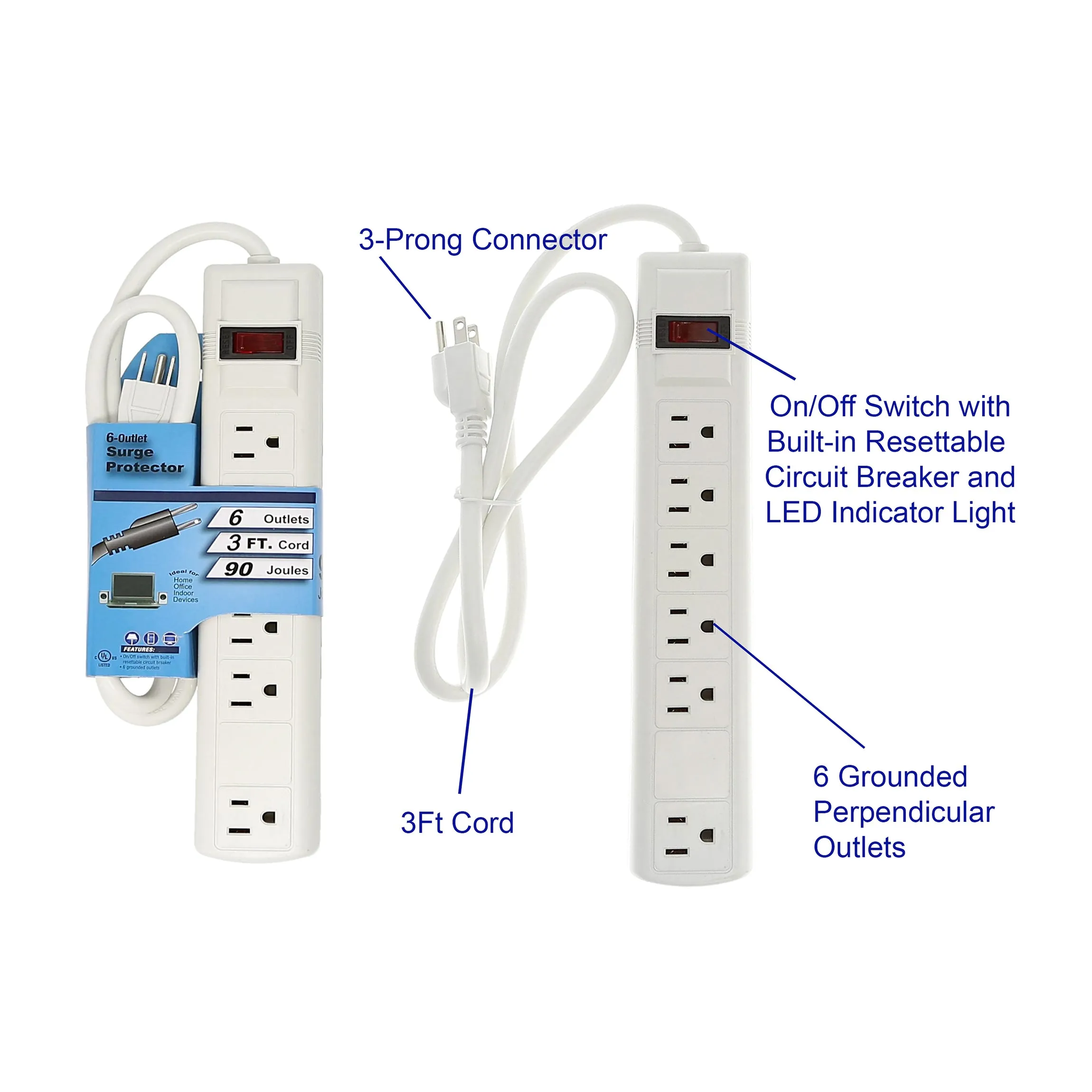 6-Outlet Perpendicular Surge Protector with On/Off Switch