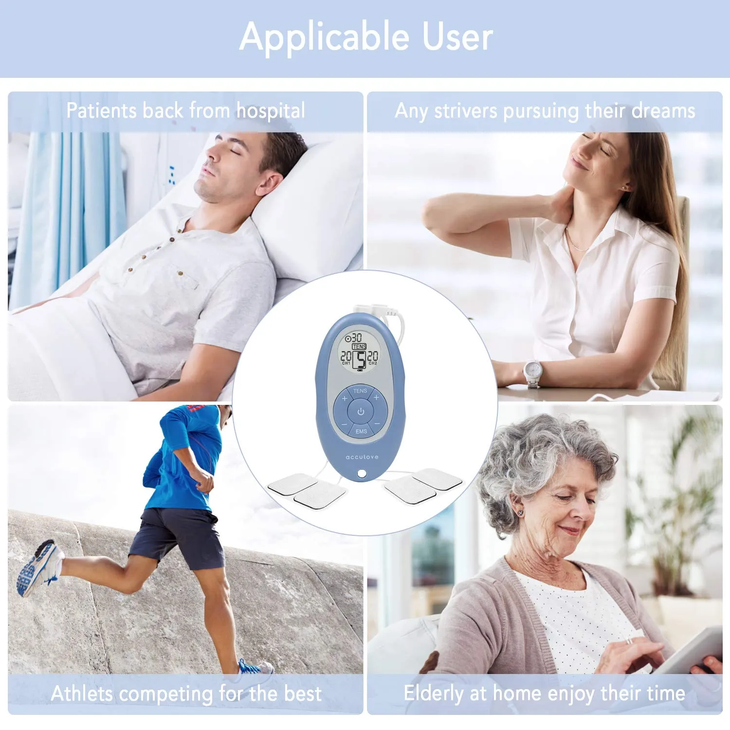 Acculove Tens Units for Back Pain Relief EMS Muscle Stimulator FDES108 Portable Mini Massager Electronic Pulse Muscle Massager Dual Independent Channels with 5 Intensity Levels and 10 Electrode Pads