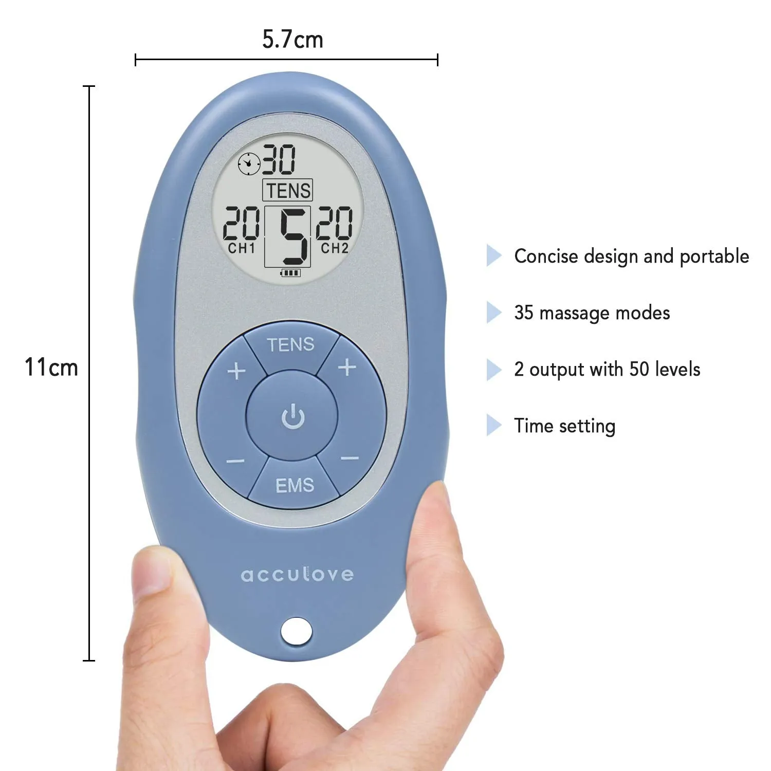 Acculove Tens Units for Back Pain Relief EMS Muscle Stimulator FDES108 Portable Mini Massager Electronic Pulse Muscle Massager Dual Independent Channels with 5 Intensity Levels and 10 Electrode Pads