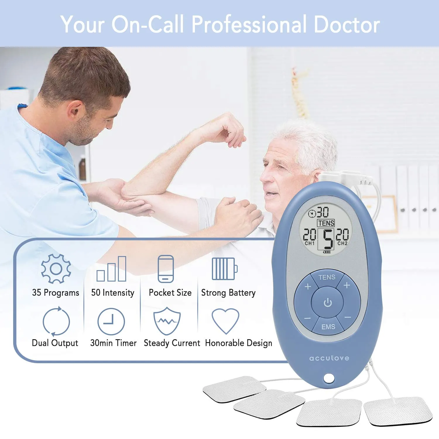 Acculove Tens Units for Back Pain Relief EMS Muscle Stimulator FDES108 Portable Mini Massager Electronic Pulse Muscle Massager Dual Independent Channels with 5 Intensity Levels and 10 Electrode Pads