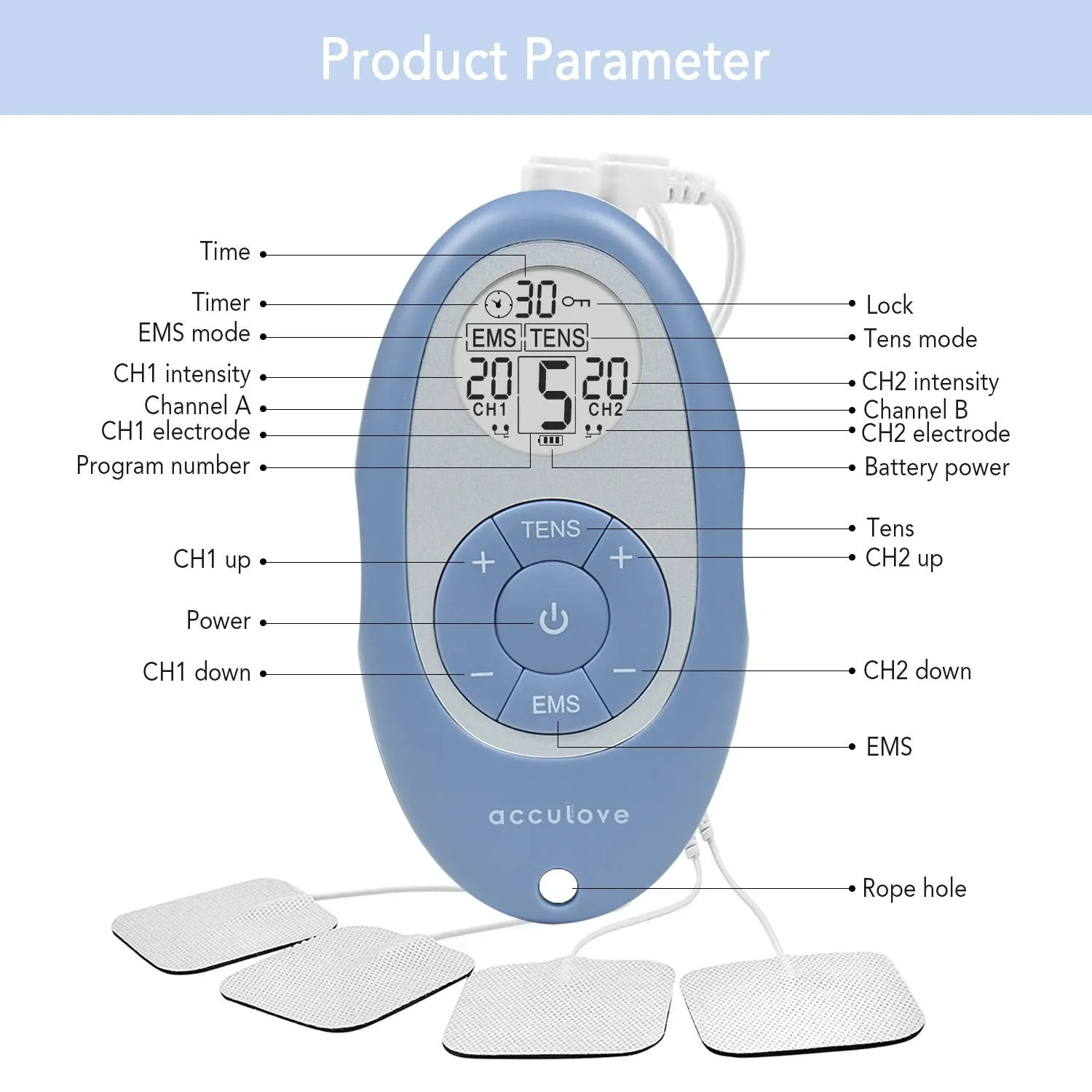 Acculove Tens Units for Back Pain Relief EMS Muscle Stimulator FDES108 Portable Mini Massager Electronic Pulse Muscle Massager Dual Independent Channels with 5 Intensity Levels and 10 Electrode Pads