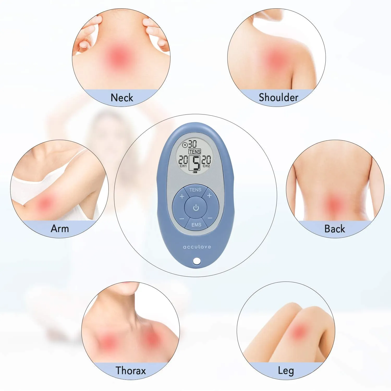 Acculove Tens Units for Back Pain Relief EMS Muscle Stimulator FDES108 Portable Mini Massager Electronic Pulse Muscle Massager Dual Independent Channels with 5 Intensity Levels and 10 Electrode Pads