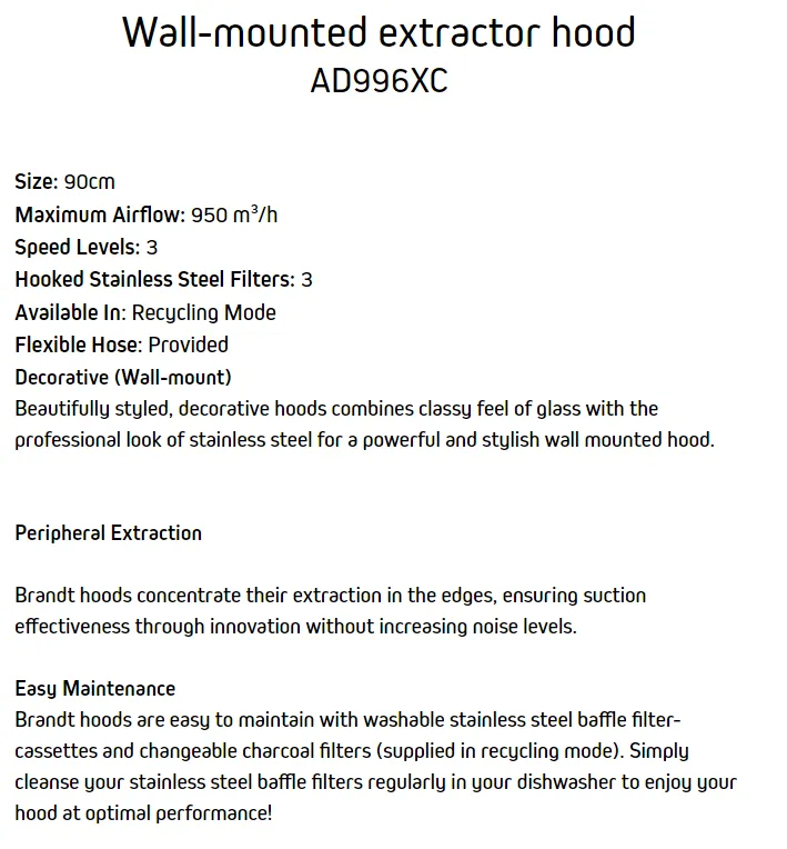 BRANDT 90cm Wall-mounted extractor hood AD996XC