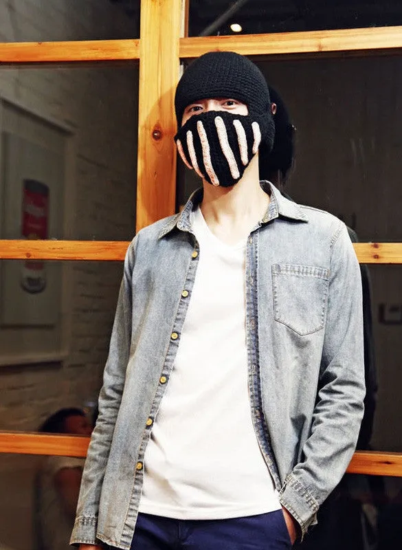 Buttons Unisex Crochet Knit Black Ski Beanie Wool Roman Knight Hat Mask Cap