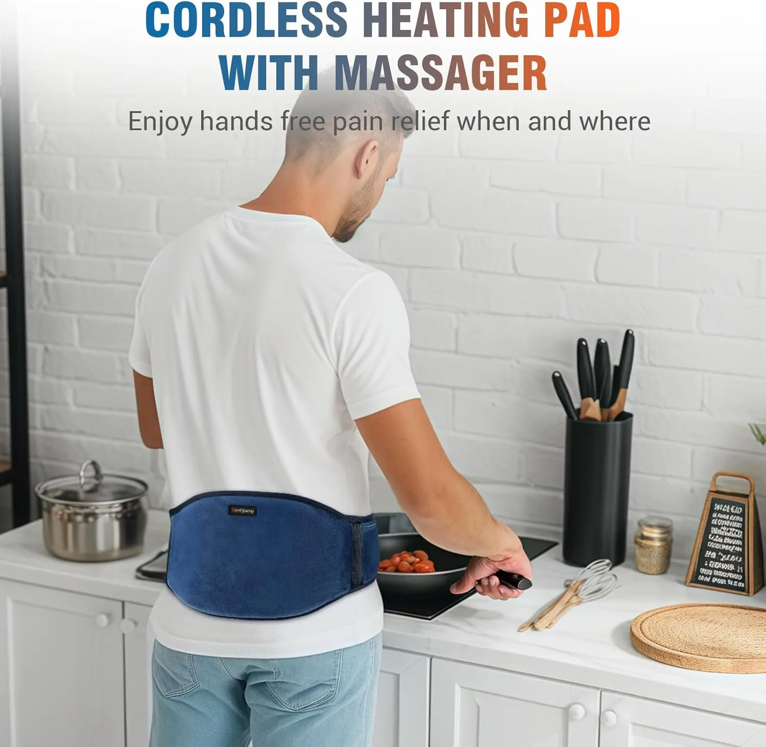 Comfytemp Cordless Portable Heating Pad with Massager for Back Pain Relief for Cramps and Menstrual, FSA HSA Eligible Lower Back Massager with 3 Heat, Auto-Off, Heated Waist for Abdominal Gift for Mom