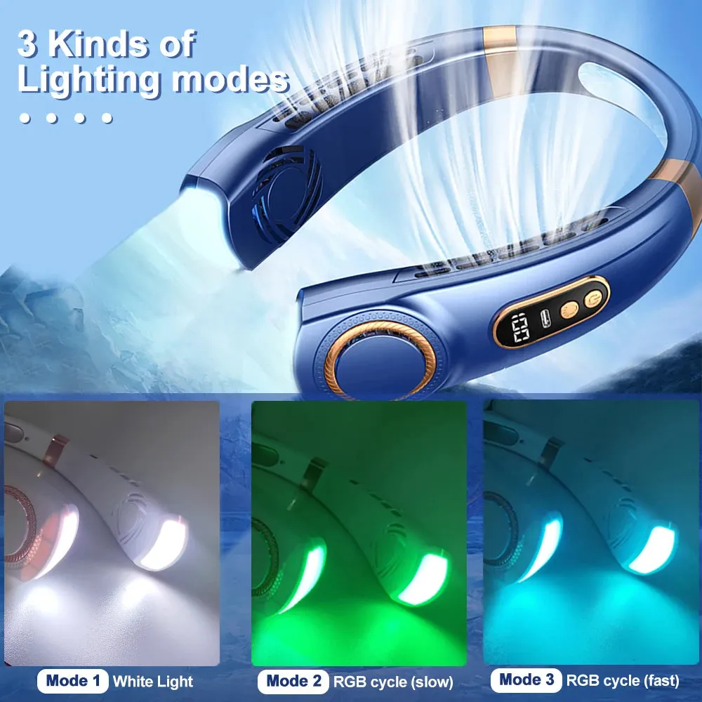 CoolGlow 360° Neck Fan with LED Atmosphere Lights - 5-Speed USB Rechargeable for Travel and Camping
