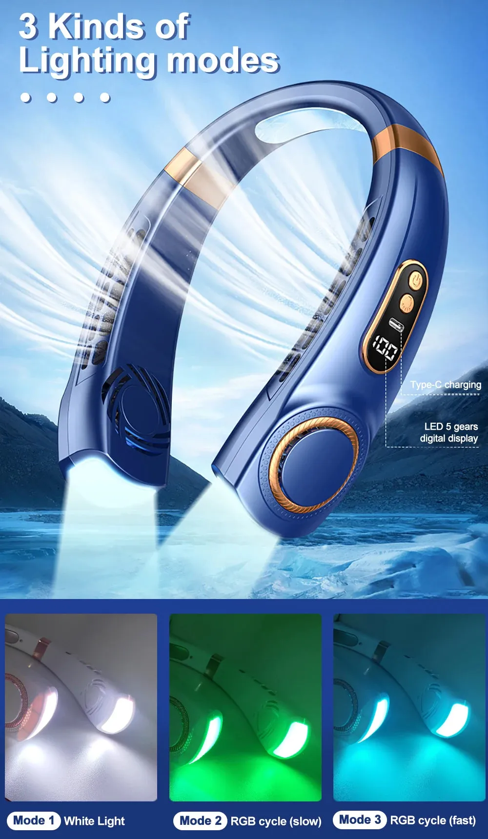CoolGlow 360° Neck Fan with LED Atmosphere Lights - 5-Speed USB Rechargeable for Travel and Camping
