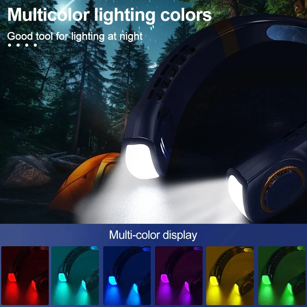 CoolGlow 360° Neck Fan with LED Atmosphere Lights - 5-Speed USB Rechargeable for Travel and Camping