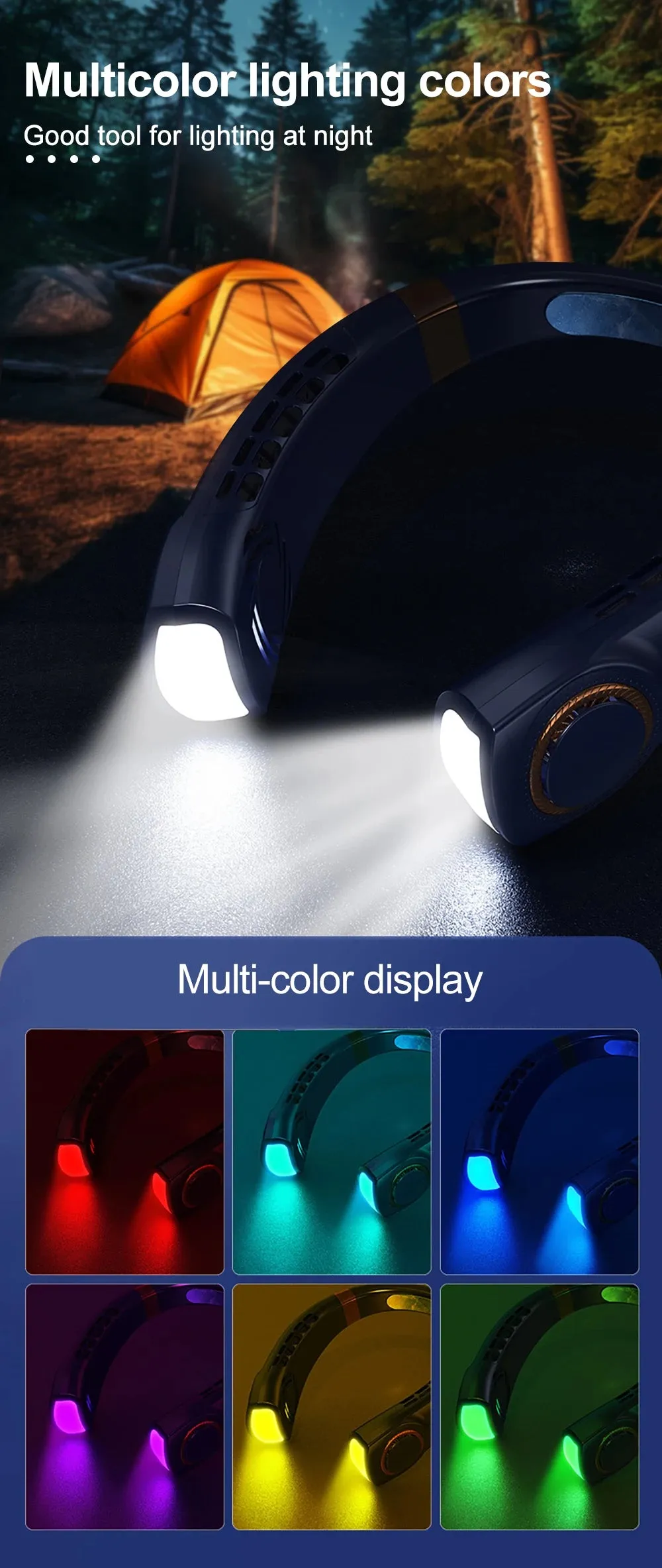 CoolGlow 360° Neck Fan with LED Atmosphere Lights - 5-Speed USB Rechargeable for Travel and Camping