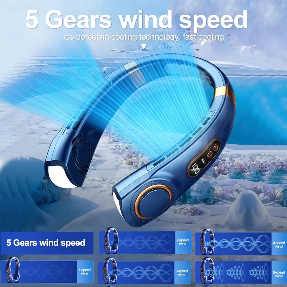 CoolGlow 360° Neck Fan with LED Atmosphere Lights - 5-Speed USB Rechargeable for Travel and Camping