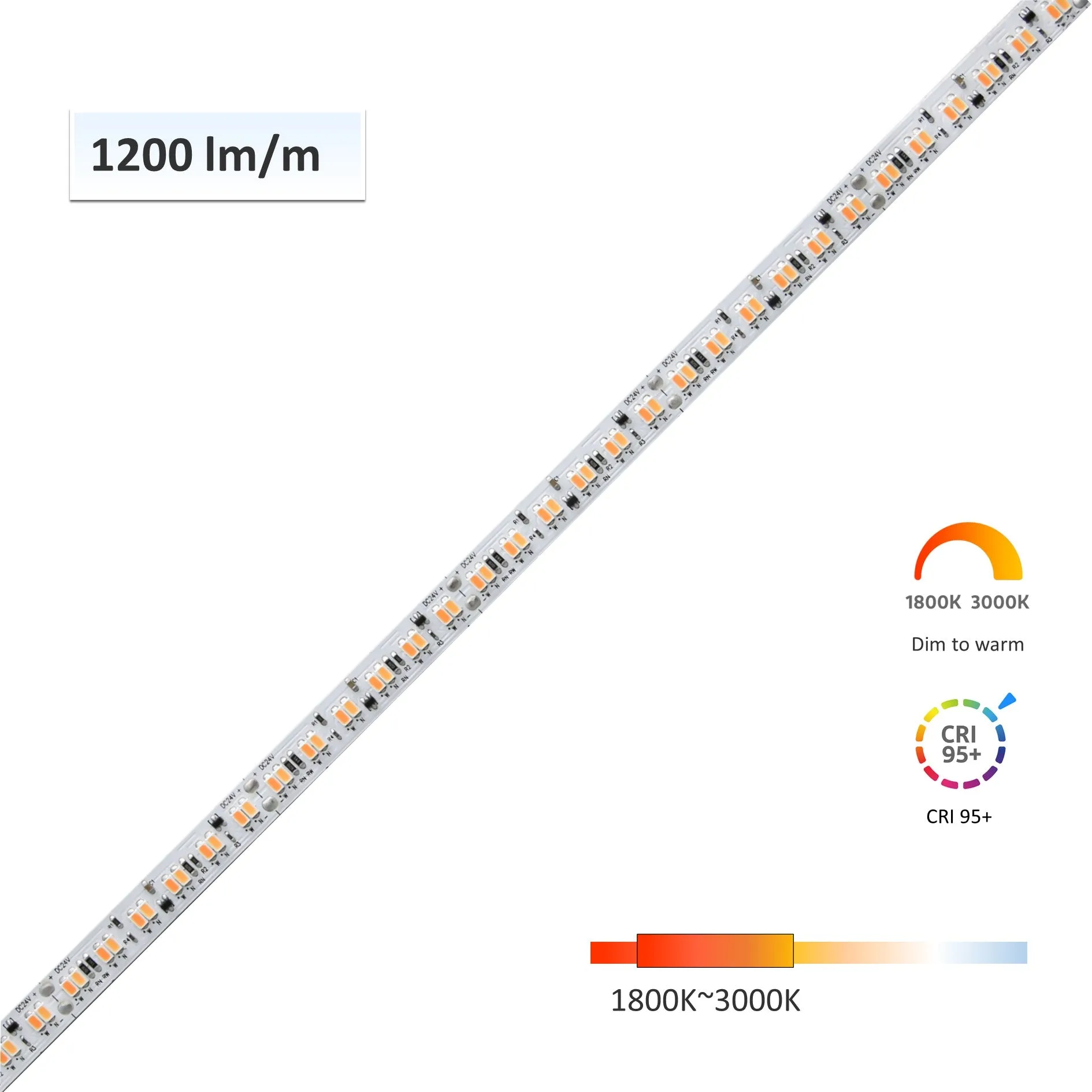 CRI-MAX™ CRI 95  Dim to Warm LED Flexible Strip 1800K-3000K - Human Centric Lighting - 5m/Reel