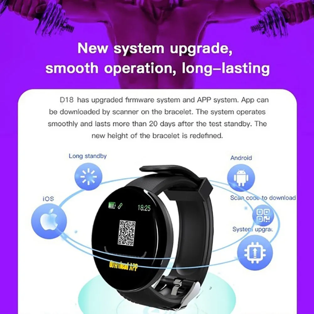 D18 Bluetooth Smart Watch, Men Women Blood Pressure Heart Rate Monitor