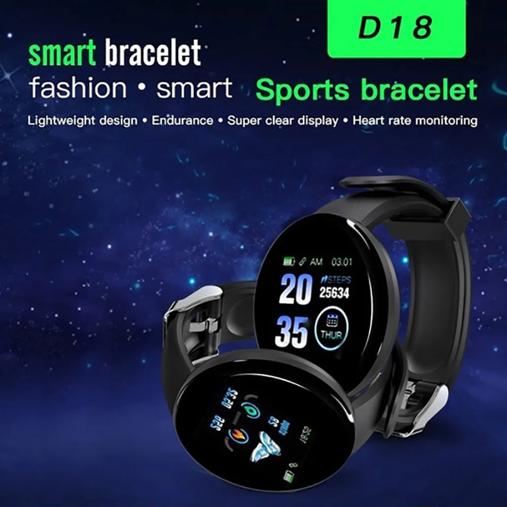 D18 Bluetooth Smart Watch, Men Women Blood Pressure Heart Rate Monitor