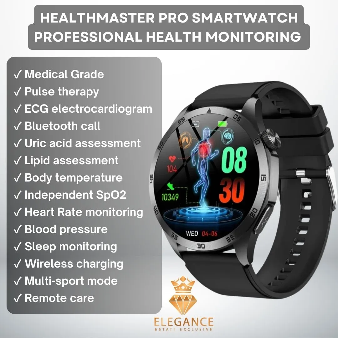 ELEGANCE® HealthMaster Pro Smartwatch ECG PPG Temperature Pulse Physiotherapy Men & Women 466*466 HD Health Management BT Call Sports Waterproof