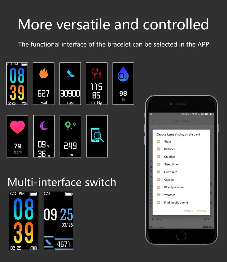 Fitness Smart Band Monitor Blood Pressure Smart Bracelet Blood Oxygen Sleep Monitor Call Reminder