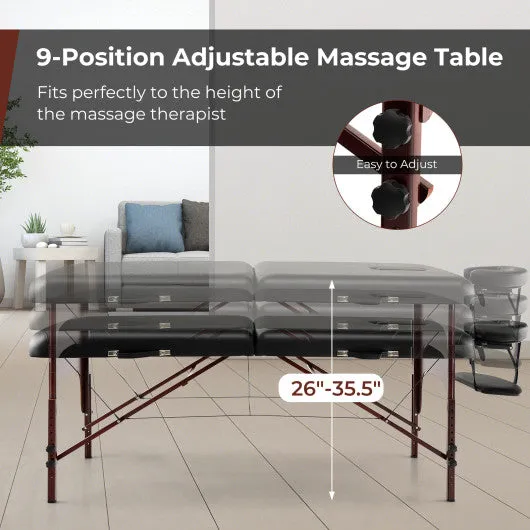Folding Massage Table with Height-adjustable Beech Wood Frame-Black
