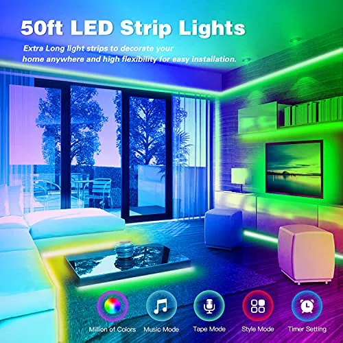 FONEWE LED Lights for Bedroom 50FT Music Sync LED Light Strips Color Changing LED Strip Lights with APP Control