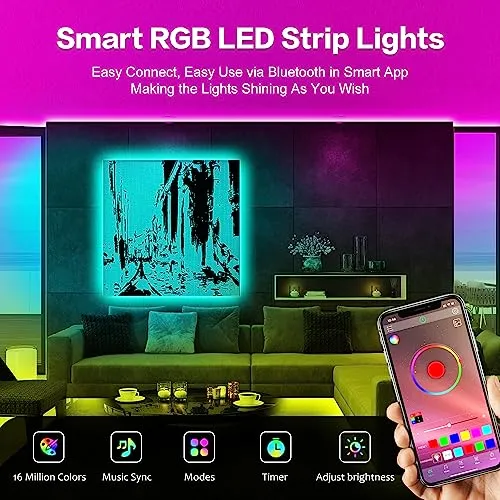 FONEWE LED Lights for Bedroom 50FT Music Sync LED Light Strips Color Changing LED Strip Lights with APP Control