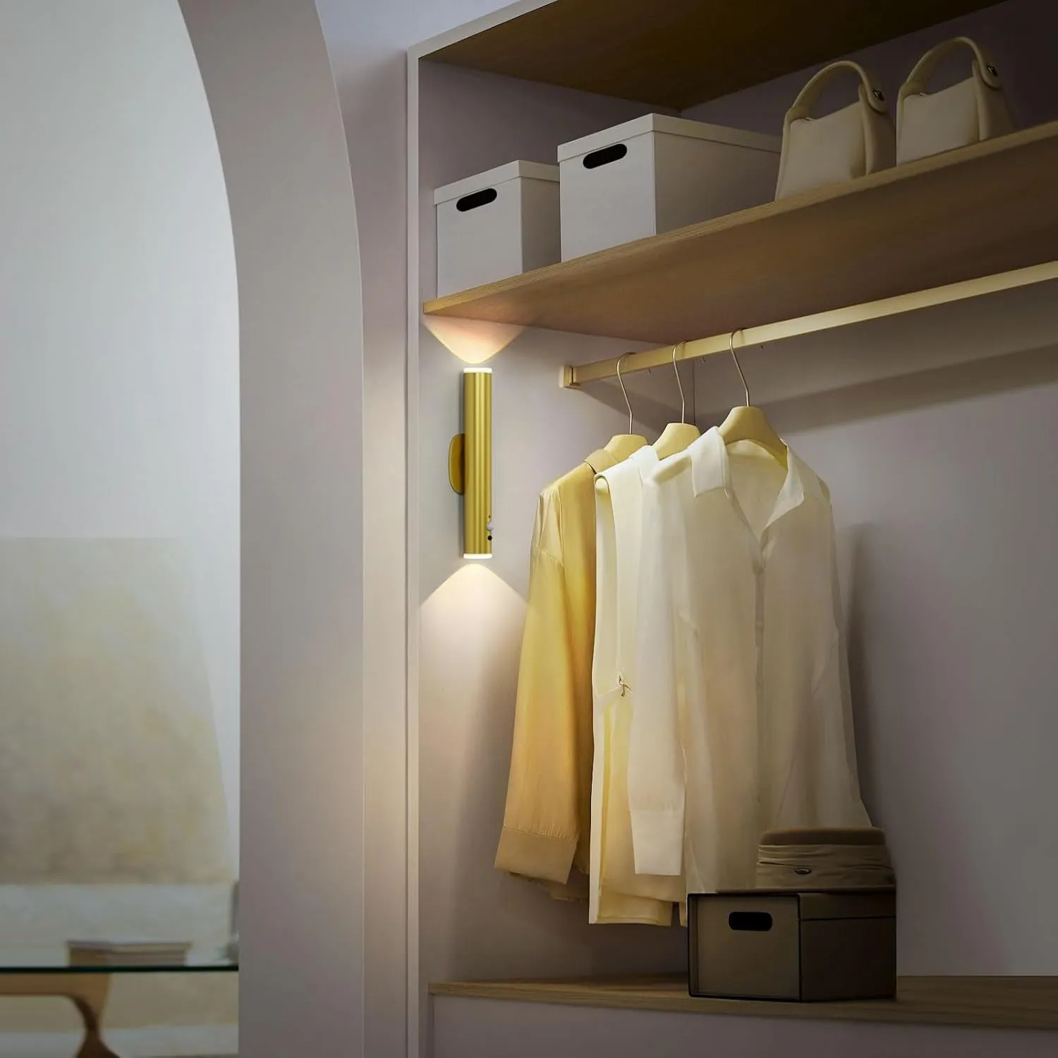 Gold Battery Operated Wall Light with Motion Sensor, LED Wall Light Adjustable 3 Colours & Dimmable Flashlight, Cordless Rechargeable Wall Lamp for Bedside Hallway Power Cut, (Single)