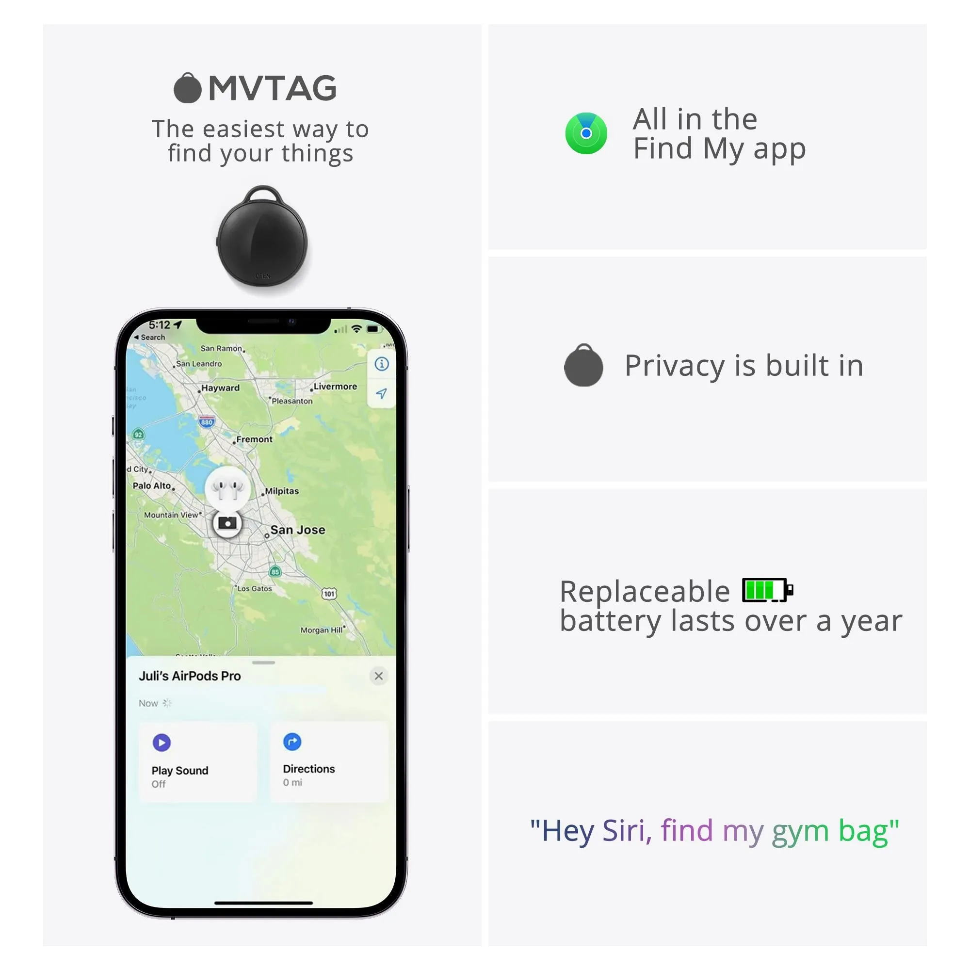 (iOS Only)MVTAG Waterproof Bluetooth Tracker and Item Locator - Compatible with iOS Find My App,Replaceable Battery,Anti-lost tracking devices