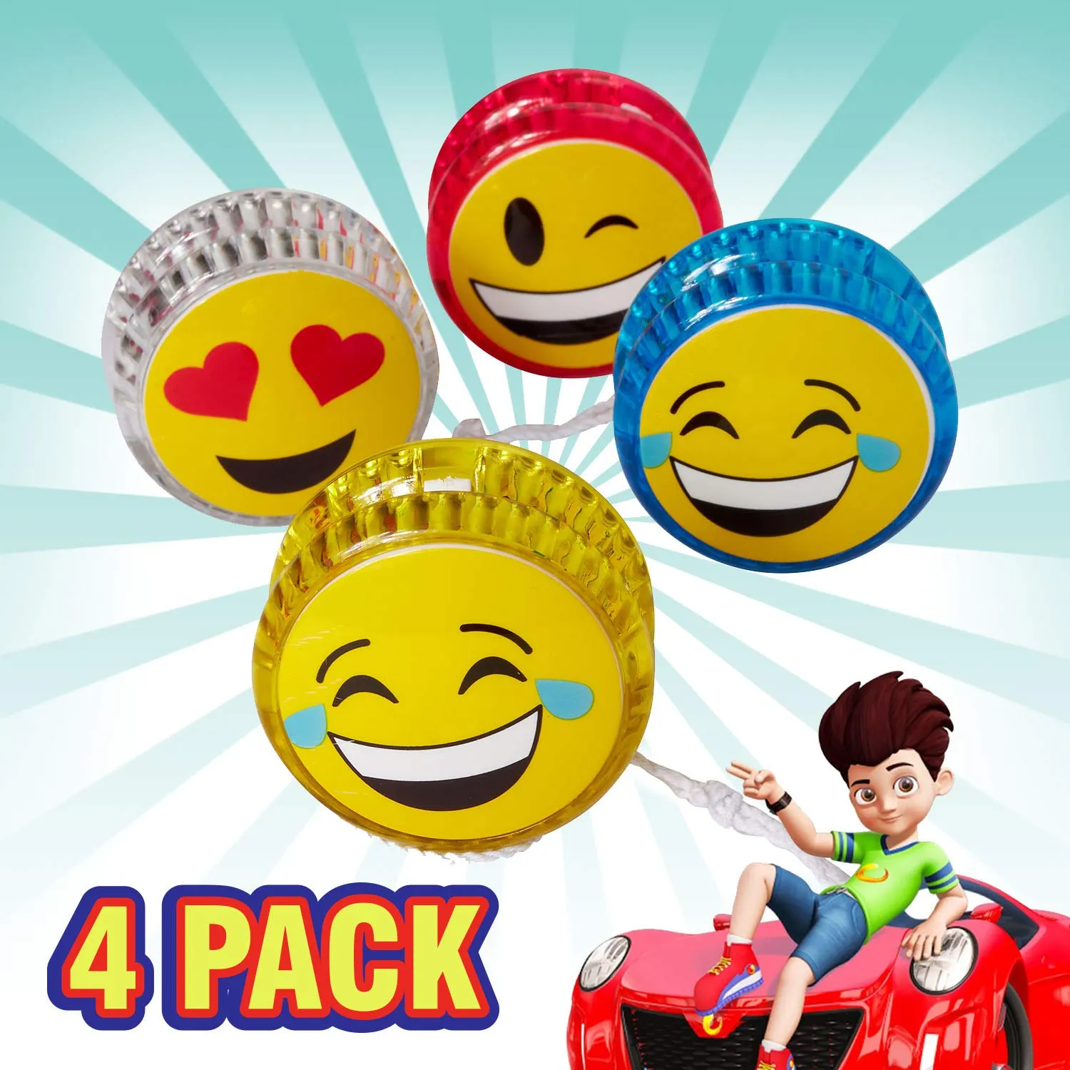 Kicko Emoji Yoyo - 4 Pack Light-up Faces Yellow Smiling Retractable String Toys - Summer