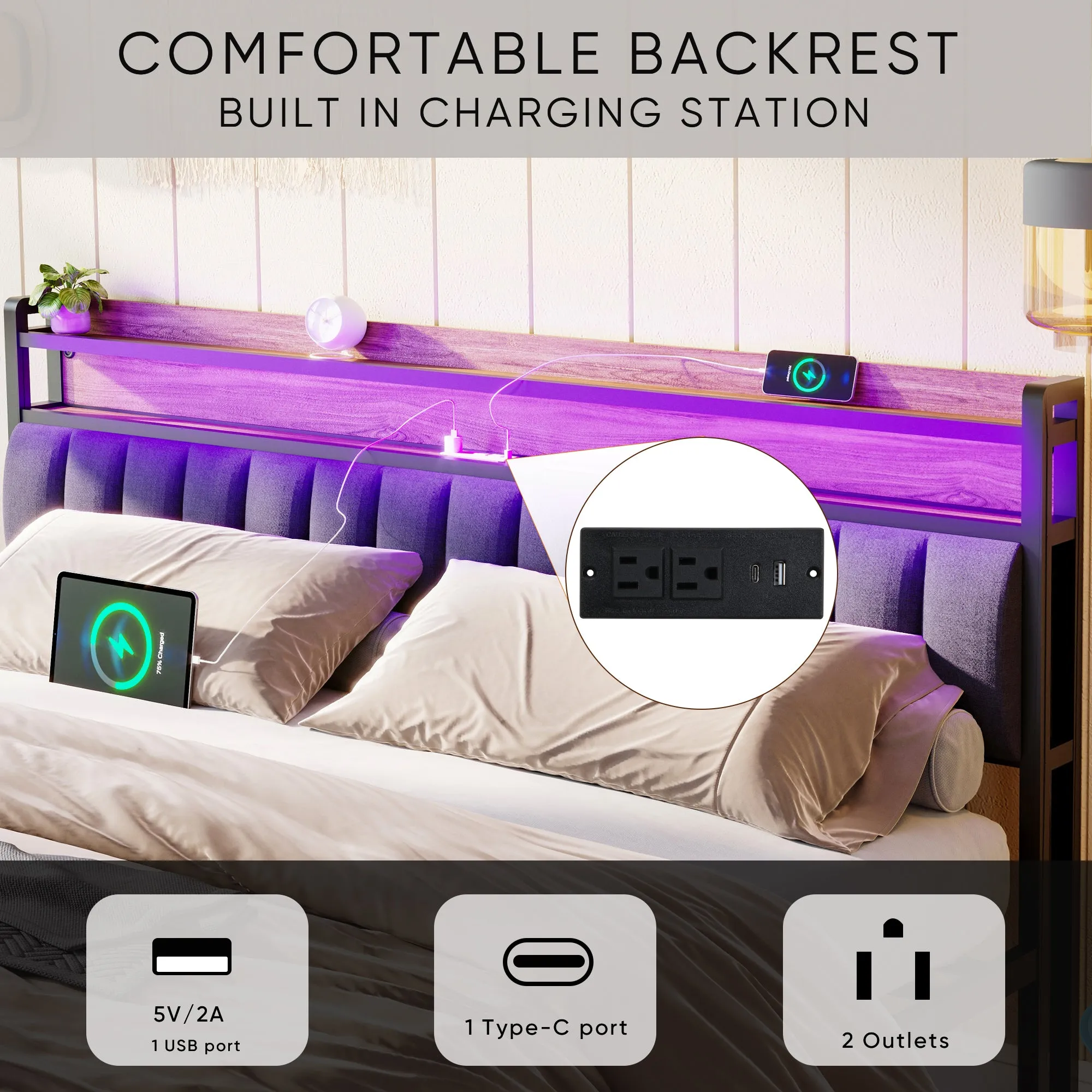 King Bed Frames with Storage Headboard and Drawers, LED Platform Bed Frame King Size, LED Upholstered Bed Frame with Charging Station, No Box Spring Needed, Easy Assembly, Grey