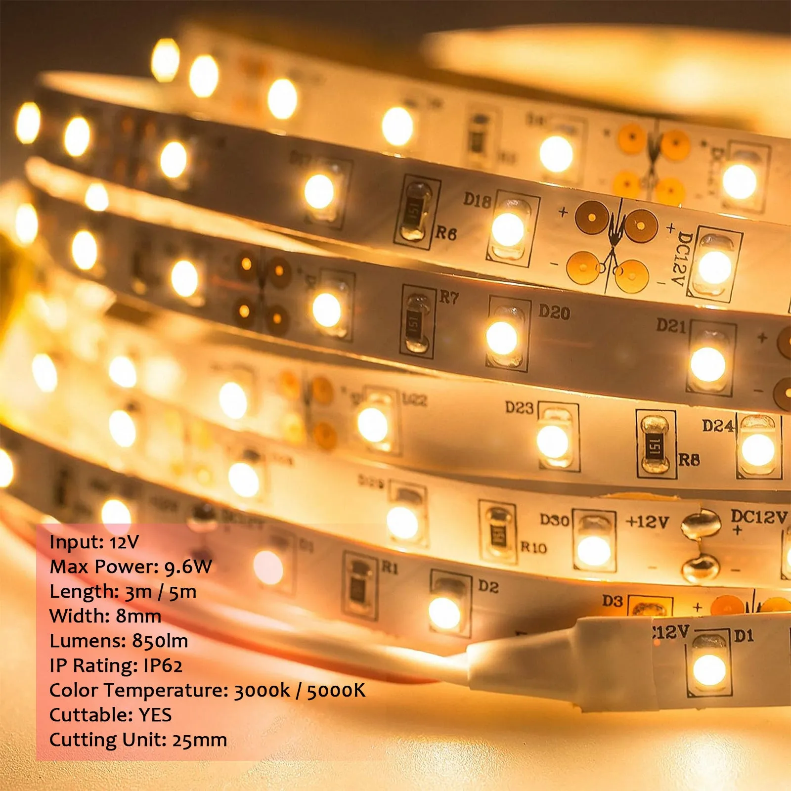LED Strip 12V 10W IP62 3M 5M 3000K Warmwhite 5000K Coolwhite