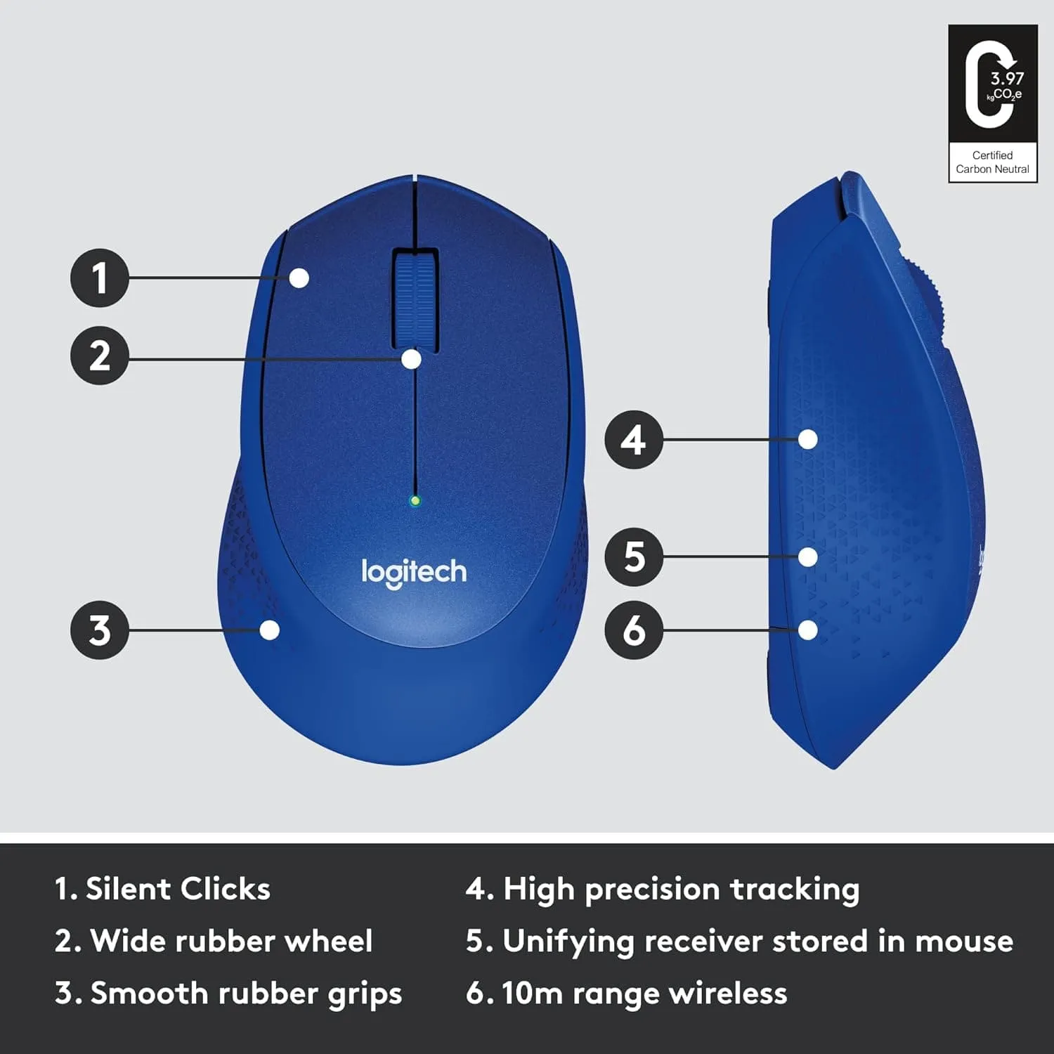 Logitech M330 SILENT PLUS Wireless Mouse, 2.4GHz with USB Nano Receiver, 1000 DPI Optical Tracking, 2-year Battery Life, Compatible with PC, Mac, Laptop, Chromebook - Blue