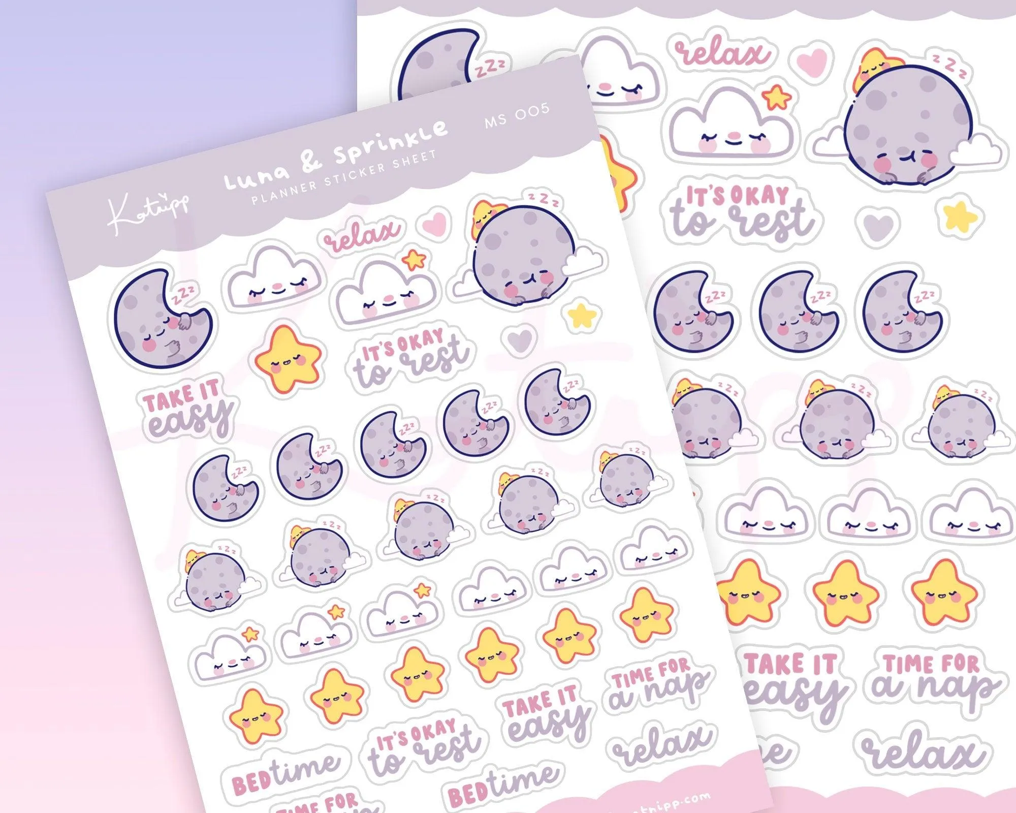 Luna & Sprinkle Bedtime Sticker Sheet | Cute Sleep & Relaxation Planner Stickers | A6 Pastel Deco | MS 005