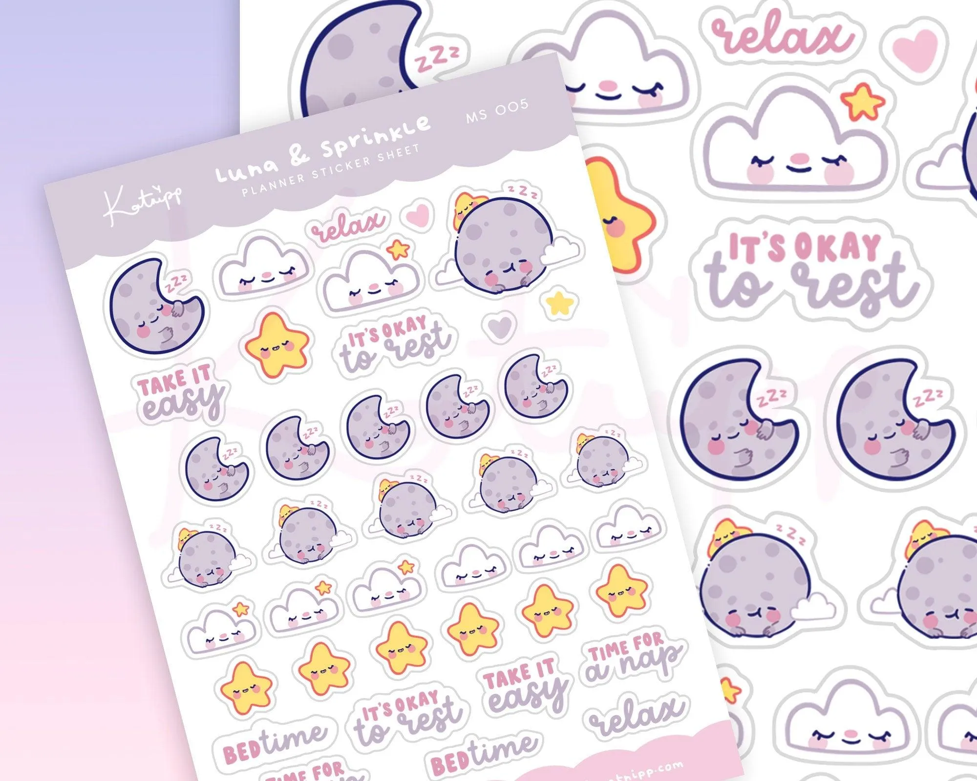 Luna & Sprinkle Bedtime Sticker Sheet | Cute Sleep & Relaxation Planner Stickers | A6 Pastel Deco | MS 005