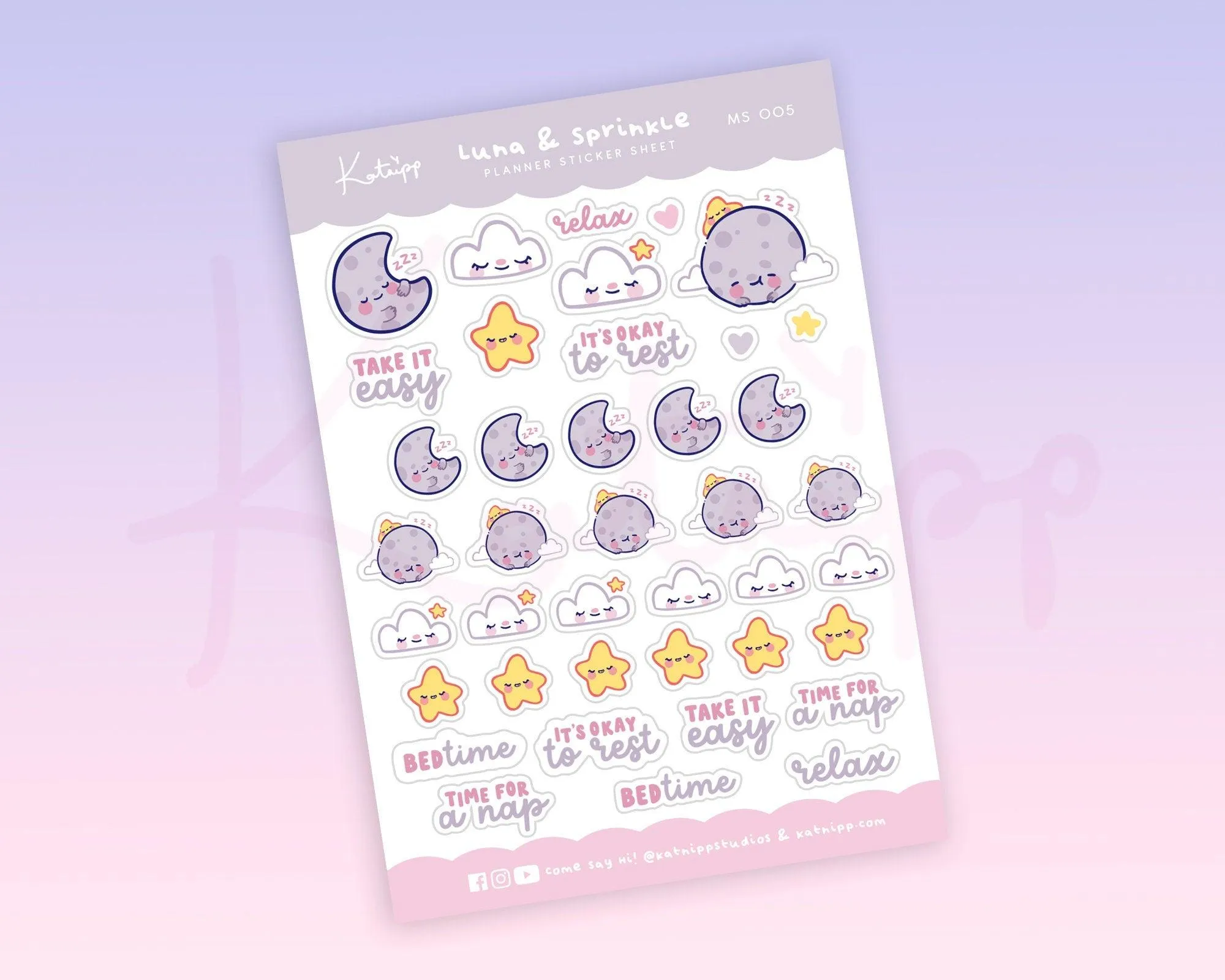 Luna & Sprinkle Bedtime Sticker Sheet | Cute Sleep & Relaxation Planner Stickers | A6 Pastel Deco | MS 005