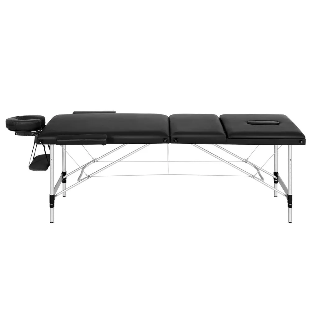 Massage Table 65cm Portable 3 Fold Aluminium Beauty Bed - Black