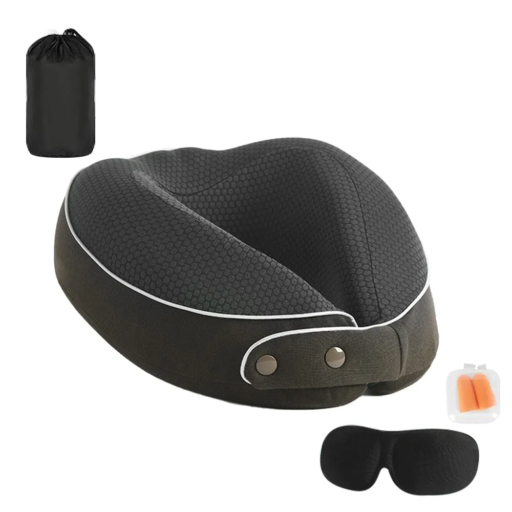 Memory Foam Travel Neck Pillow with Sleeping Mask Earplugs Coffee