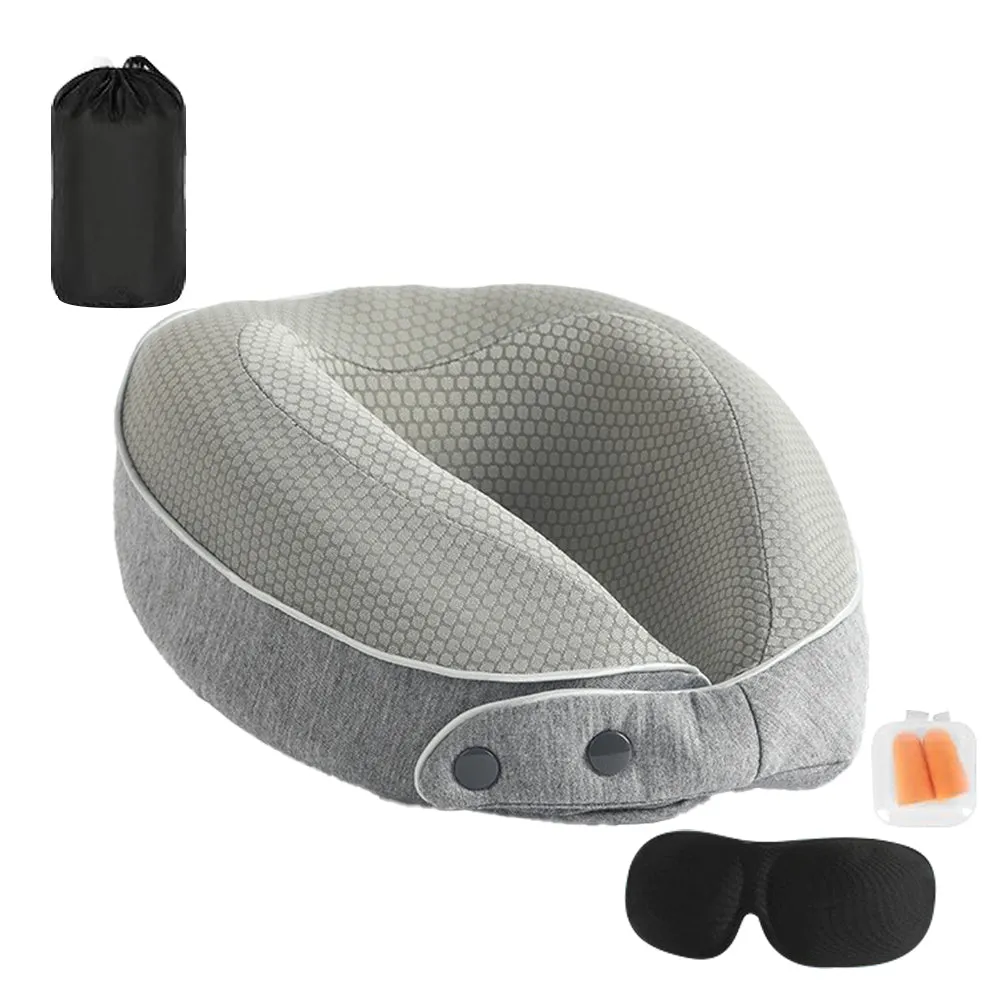 Memory Foam Travel Neck Pillow with Sleeping Mask Earplugs Gray