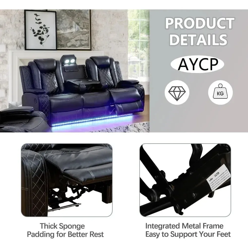 Modern Chesterfield Genuine Leather Recliner Sofa Set with LED Lighting
