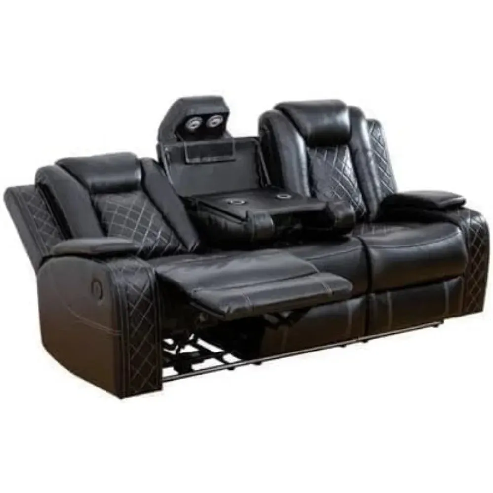 Modern Chesterfield Genuine Leather Recliner Sofa Set with LED Lighting