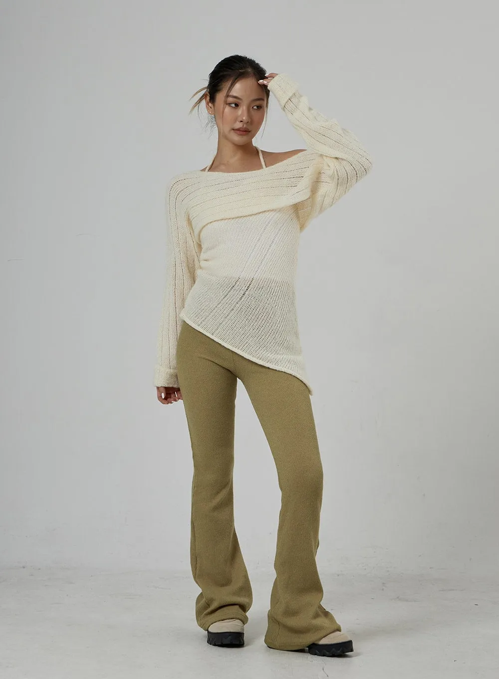 Neck Tie Knit Top And Off-Shoulder Boleto Set BD29