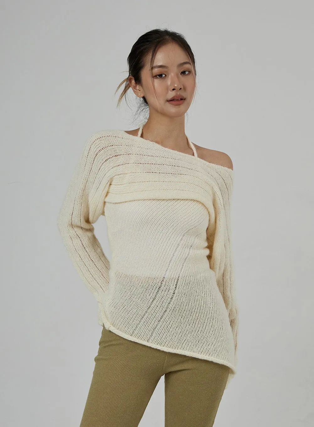 Neck Tie Knit Top And Off-Shoulder Boleto Set BD29