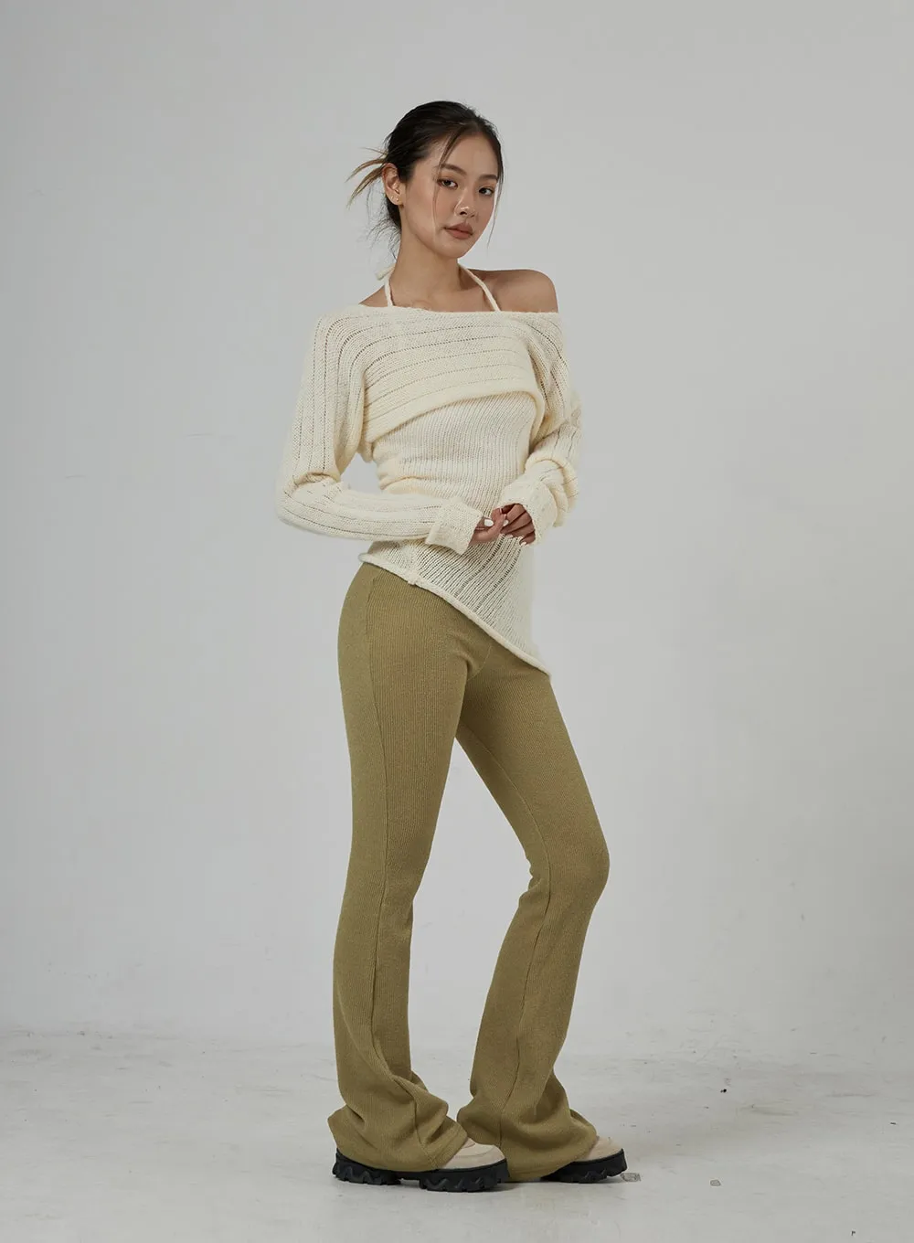 Neck Tie Knit Top And Off-Shoulder Boleto Set BD29