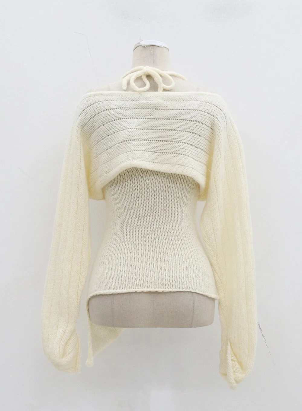 Neck Tie Knit Top And Off-Shoulder Boleto Set BD29