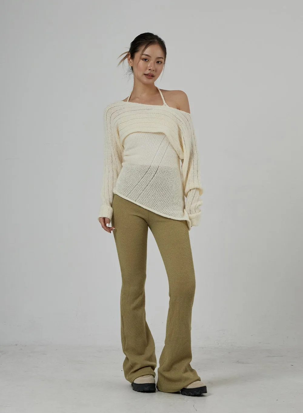 Neck Tie Knit Top And Off-Shoulder Boleto Set BD29